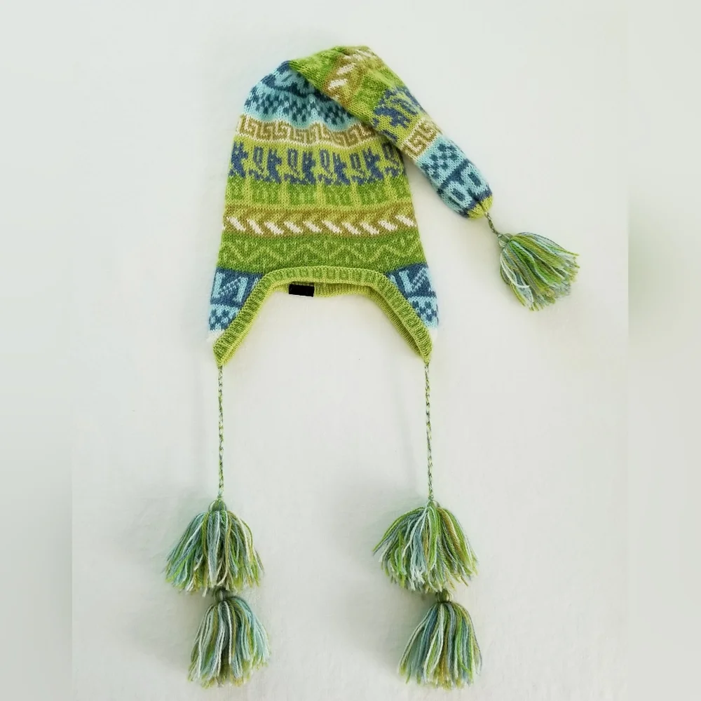 Turtle Fur Green Blue Nordic Alpaca Blend Knit Stocking Cap Tassels